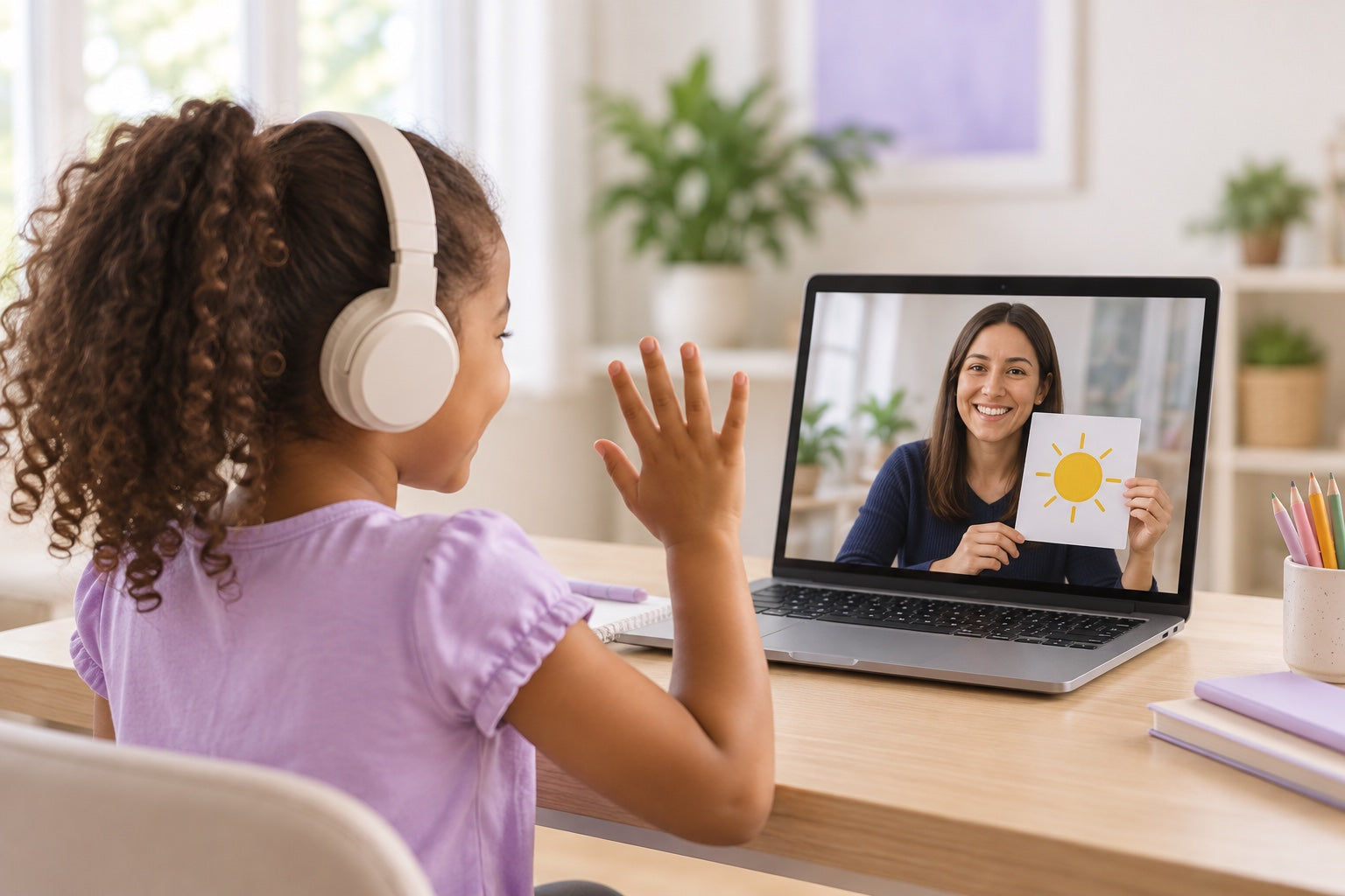 Illustration of a joyful speech teletherapy session: child with headphones and a therapist showing a sun picture on a laptop