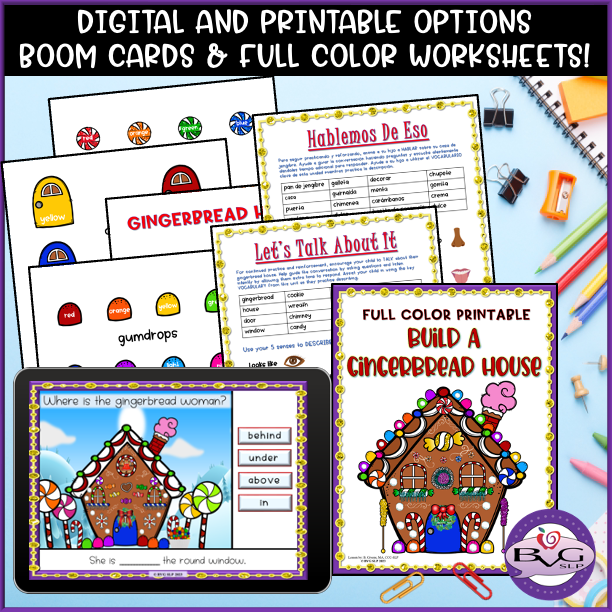 Digital and printable build a gingerbread house speech therapy craft activity.