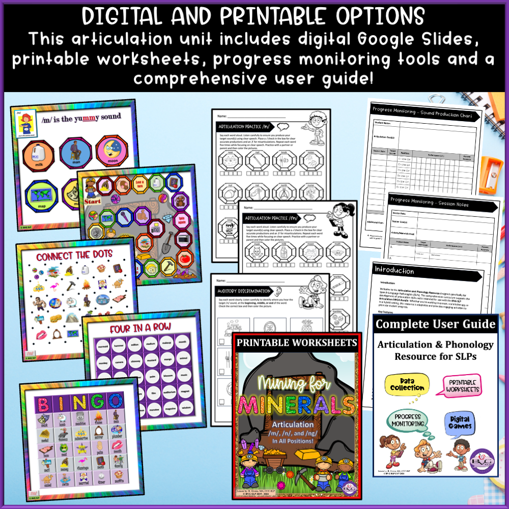 Articulation /m/, /n/, and /ng/ speech therapy activities.