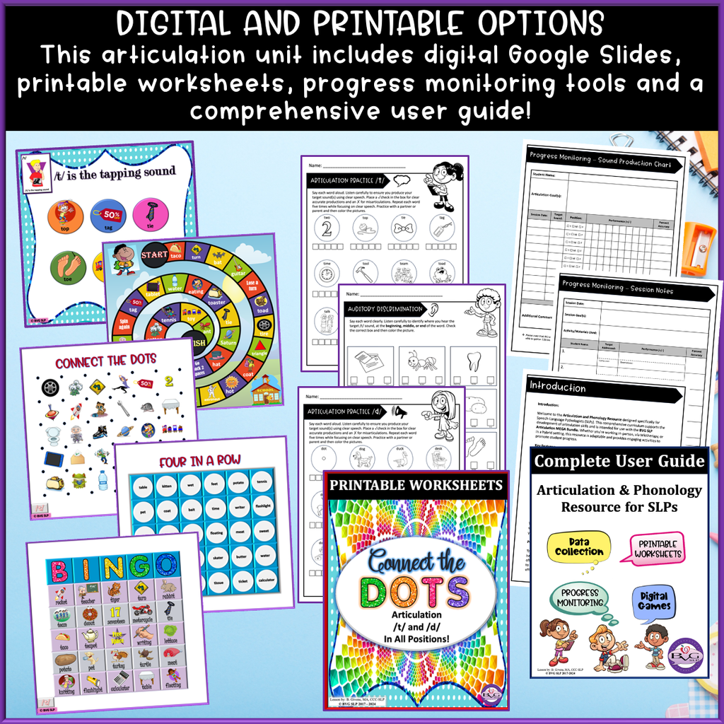 Articulation /t/ and /d/ speech therapy activities.