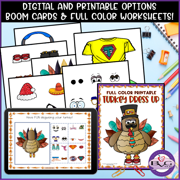 BVG SLP Turkey Dress Up Boom Cards and PRINTABLE
