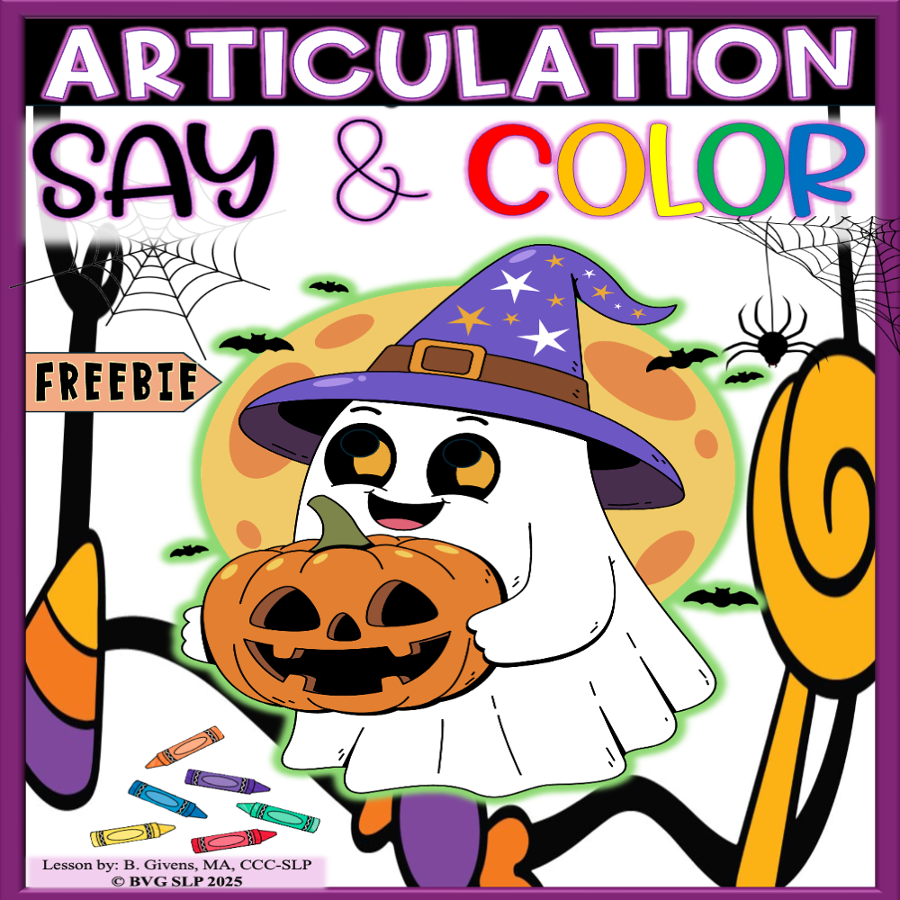 Halloween Articulation Say & Color FREEBIE cover by BVG SLP with a ghost holding a pumpkin