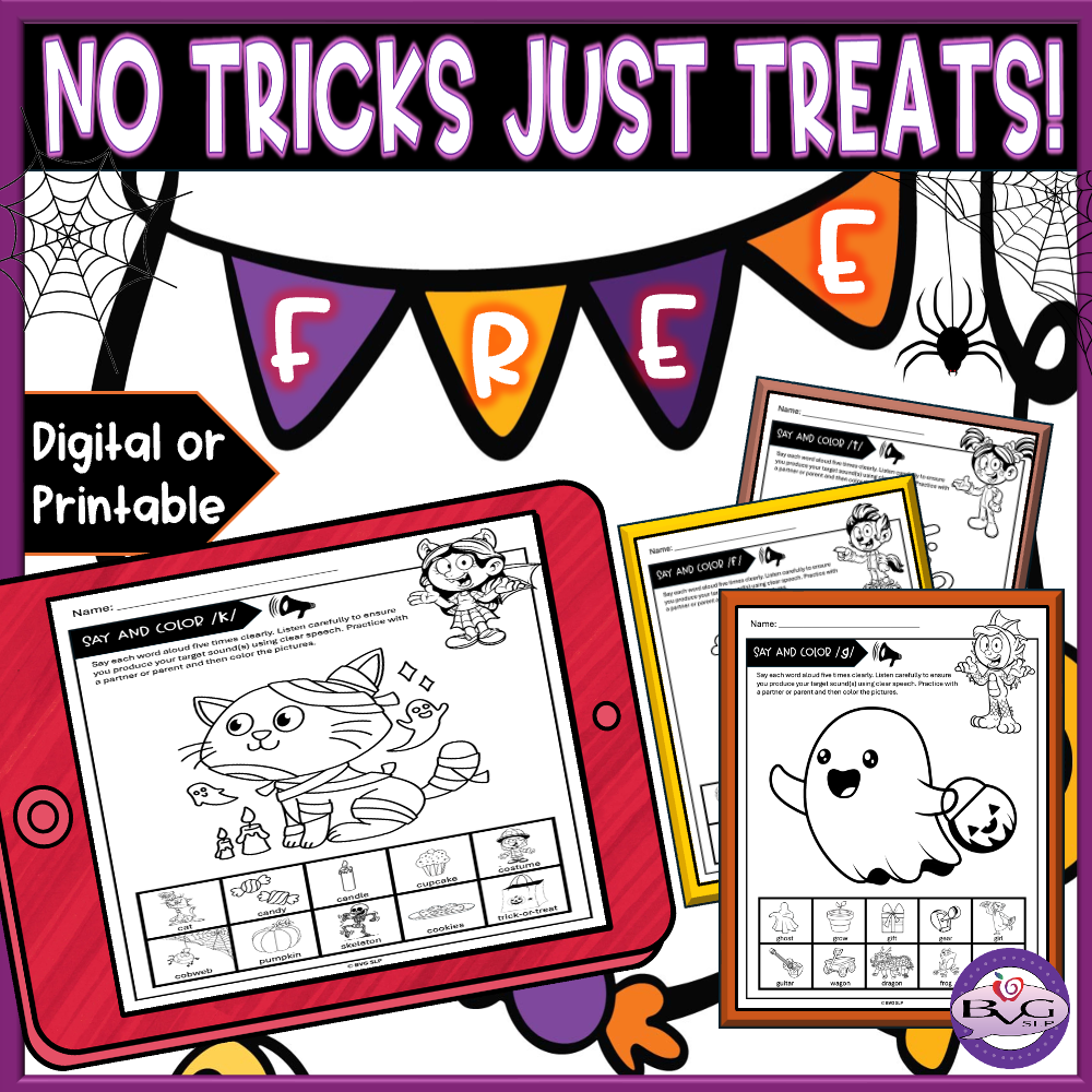 No Tricks Just Treats free Halloween Say & Color speech therapy worksheet previews by BVG SLP