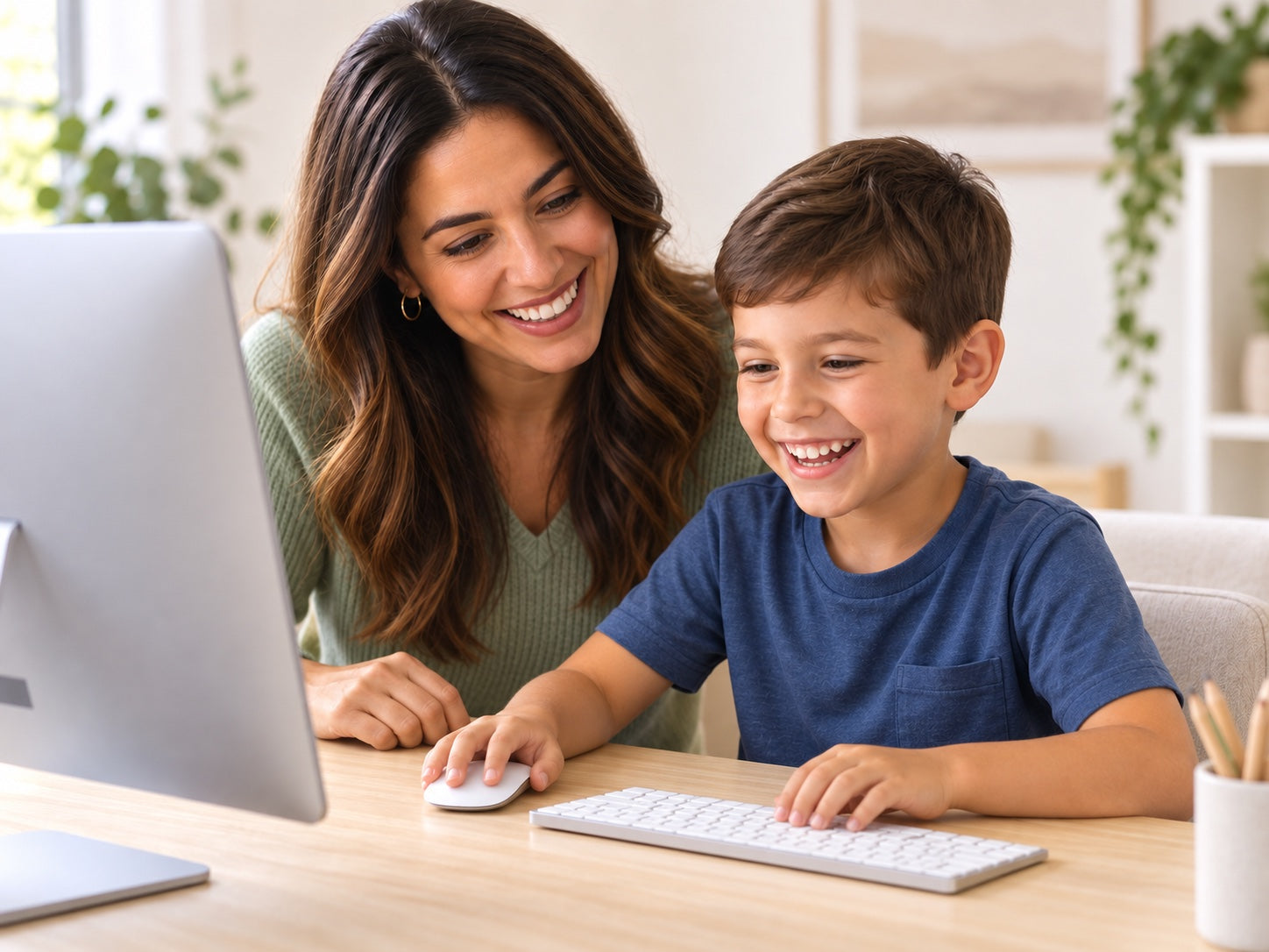 Illustration of a smiling mother and child engaged in learning together at one desktop computer